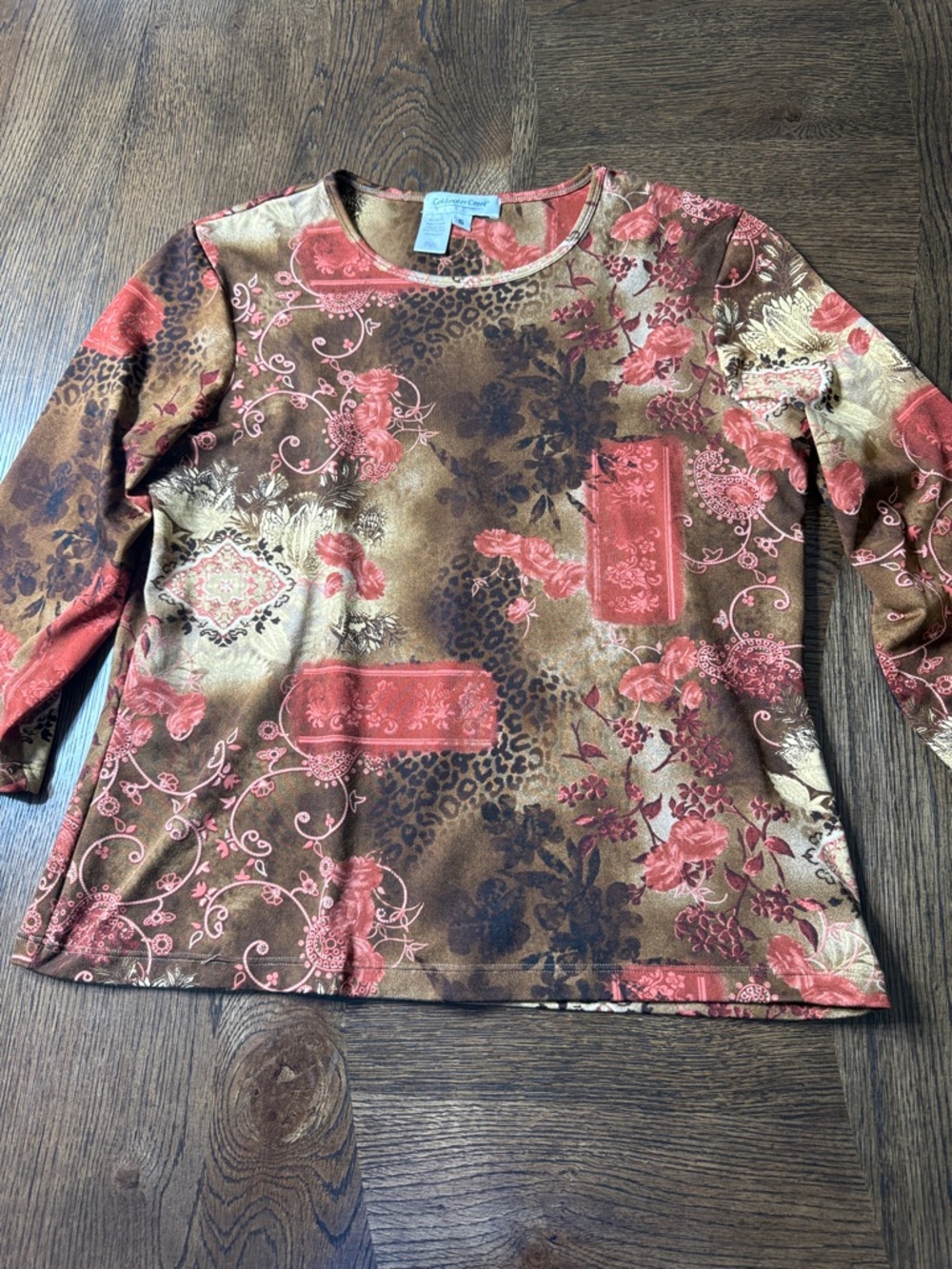 Coldwater Creek Brown and Coral Floral Print Long 3/4 Sleeve Top size Small